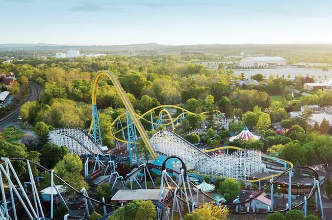 Hersheypark, located in Hershey, PA, is about 95 miles west of Philadelphia.